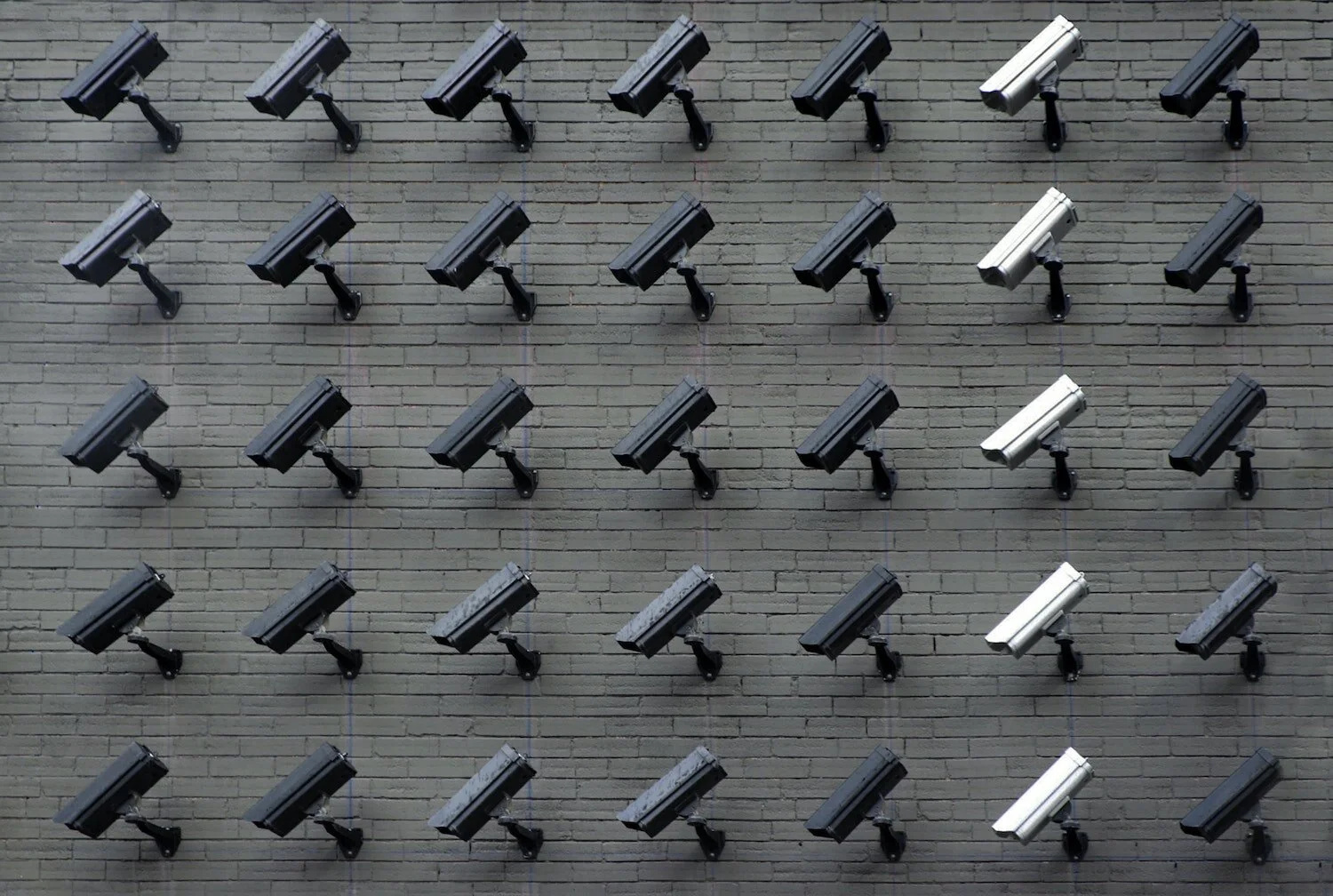 Row of CCTV cameras mounted on a wall